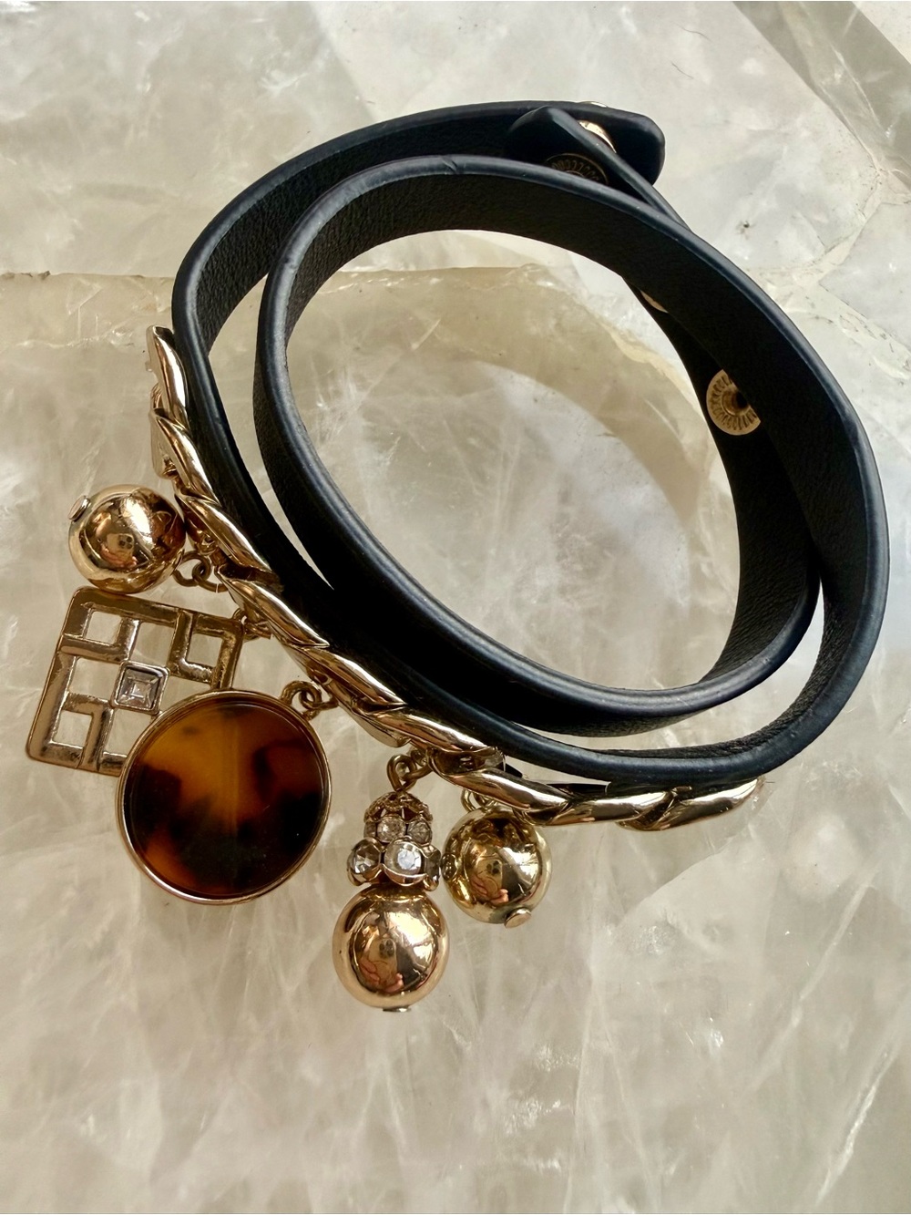 Gold Chain Charm Wrap Bracelet with Black Leather/ Adjustable